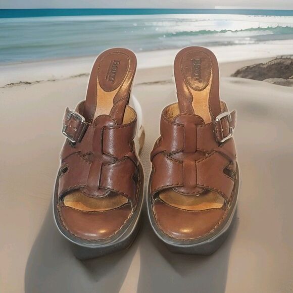 Born Slides Brown Leather Women Shoes Size 8 Medium - Picture 1 of 13